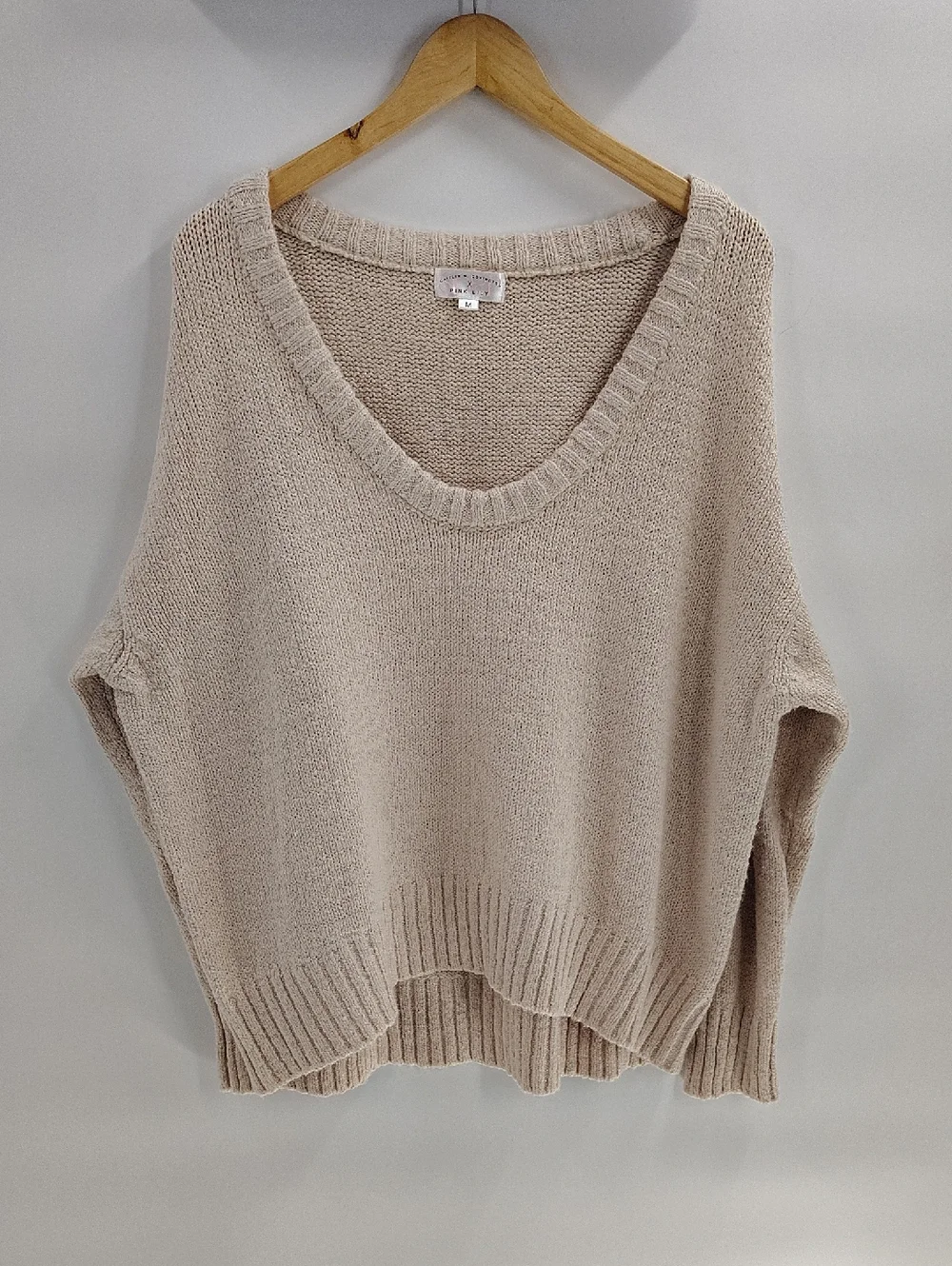 Caitlin Covington x Pink Lily Kelsey Sweater Taupe Wide Neck Off Shoulder Soft M - Picture 3 of 9